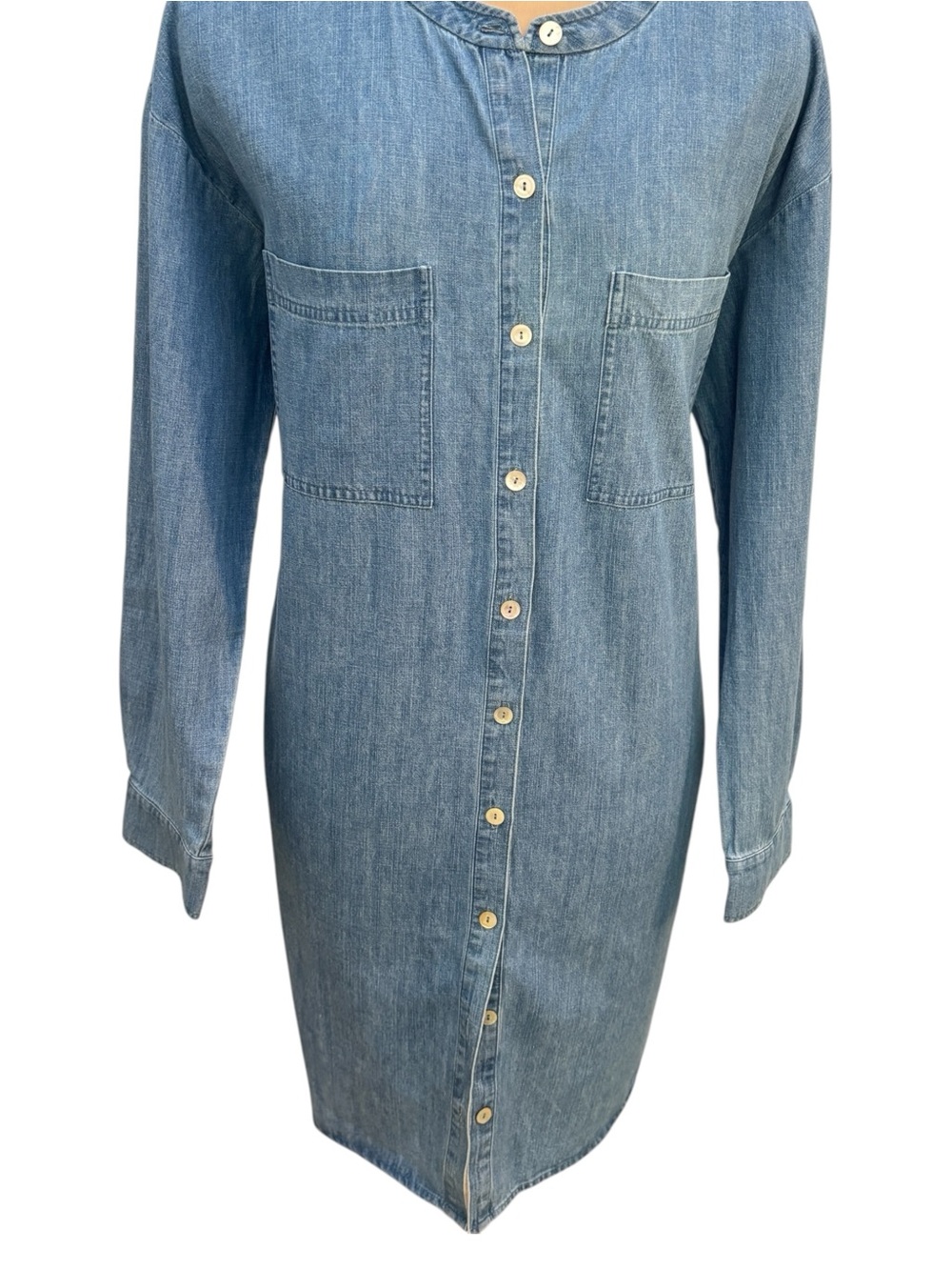 Eileen Fisher System Organic Cotton Chambray Button Front Shirt Dress Size S